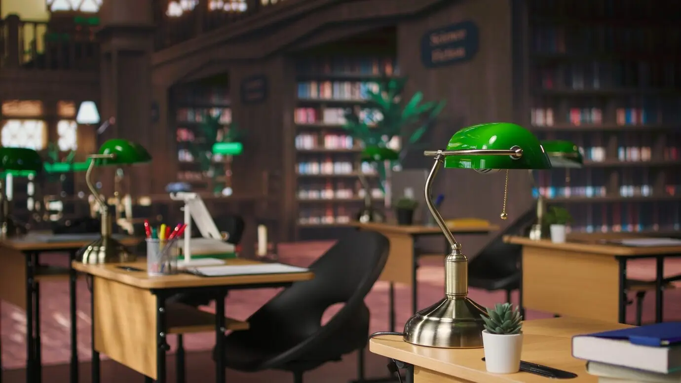 Leere historische Bibliothek, gefüllt mit Vintage-Dekorationen und fein gearbeiteten Holzschreibtischen.